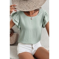 Clearly Aqua Solid Color Ruffled Short Sleeve Casual Blouse - L thumbnail