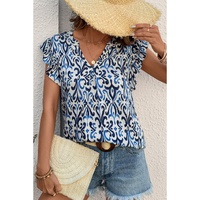 Sky Blue Boho Abstract Print Pintuck Detail Ruffled Top - L thumbnail