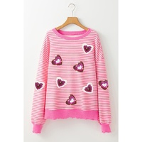 Pink Stripe Sequin Heart Patched Pattern Long Sleeve Valentines Top - 2XL thumbnail