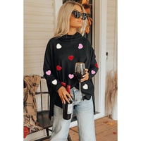 Black Valentines Chenille Heart Patched Dolman Sleeve High Neck Split Top - M thumbnail