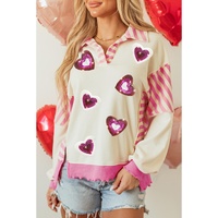 Pink Stripe Patchwork Sequin Heart Pattern Long Sleeve Collared Split Top - L thumbnail