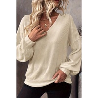 White Knot Back Drop Shoulder Ribbed Long Sleeve Blouse - L thumbnail