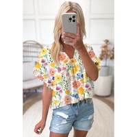 Yellow Floral Boxy Fit Ruffled Short Sleeve V Neck Blouse - L thumbnail