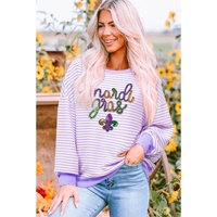 Purple Stripe mardi gras Sequin Patched Graphic Drop Shoulder Top - L thumbnail