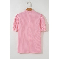 Pink Stripe Notched Neck Frilled Short Puff Sleeve Blouse - L thumbnail