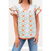 Green Geometric Floral Print Layered Flutter Sleeve V Neck Ric Rac Trim Blouse - M thumbnail