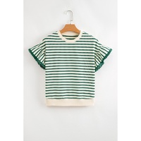 Green Stripe Scallop Lace Trim Ruffle Short Sleeves Crewneck Top - L thumbnail