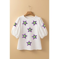 White Textured Sequin Mardi Gras Star Graphic Puff Sleeve Blouse - S thumbnail