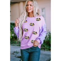 Orchid Petal Mardi Gras Doughnut Graphic Sequin Patchwork Long Sleeve Top - L thumbnail