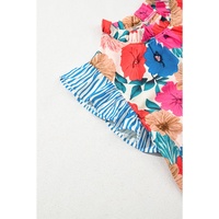 Sky Blue Floral Mock Neck Striped Flutter Sleeve Blouse - L thumbnail