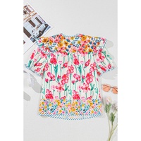 Pink Floral Print Striped Detail Split Neck Short Sleeve Blouse - L thumbnail