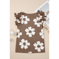 Brown Floral Textured Ruffled Short Sleeve Square Neck Blouse - L thumbnail