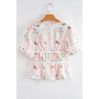 Pink Floral Puff Sleeve V Neck Tied Front Peplum Blouse - L thumbnail
