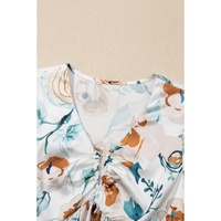 Green Floral Print Puff Sleeve V Neck Babydoll Blouse - XL thumbnail