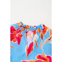Sky Blue Floral Print V Neck Pompom Trim Flutter Sleeve Blouse - L thumbnail