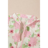 Pink Floral Print Drawstring V Neck Peplum Blouse - L thumbnail