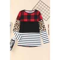 Plaid Print Leopard Splicing Striped Color Block Long Sleeve Top - S thumbnail