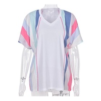 Azura Exchange Patchwork V Neck T-Shirt with Stripe Detail - M thumbnail