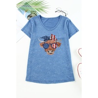 Azura Exchange Graphic Print V Neck T-Shirt with American Flag Cow Head Design - S thumbnail