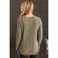Jungle Green V Neck Buttoned Ribbed Knit Top - L thumbnail