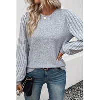 Gray Contrast Ribbed Bishop Sleeve Top - XL thumbnail