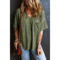 Azura Exchange Jungle Green Corded V Neck Chest Pocket Loose T-shirt - L thumbnail