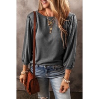 Medium Grey Solid Color 3/4 Sleeve Round Neck Blouse - L thumbnail