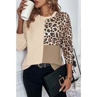 Pale Khaki Leopard Colorblock Waffle Knit Top - M thumbnail