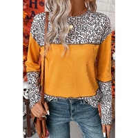 Vitality Orange Leopard Print Waffle Knit Patchwork Top - M thumbnail