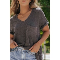 Carbon Grey Twist Short Sleeve Corded V Neck Top - M thumbnail