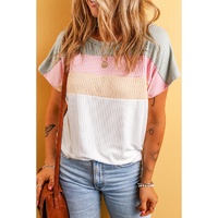 White Ribbed Color Block Patchwork T-shirt - S thumbnail