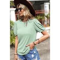 Mist Green Textured Round Neck Short Puff Sleeve Top - L thumbnail