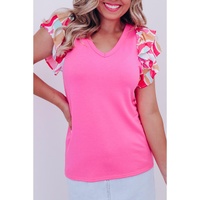 Bonbon V Neck Printed Ruffle Sleeve Patchwork T-shirt - L thumbnail