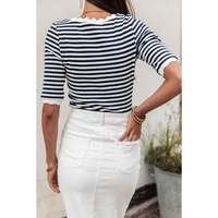 Black Striped Contrast Scallop Trim Half Sleeve T-shirt - XL thumbnail