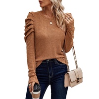 Chestnut Solid Color Textured Buttoned Gigot Sleeve Top - L thumbnail