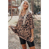Brown Leopard Print V Neck Half Sleeve Oversized Tee - L thumbnail