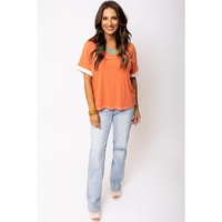 Grapefruit Orange Contrast Trim Exposed Seam V Neck T-shirt - S thumbnail
