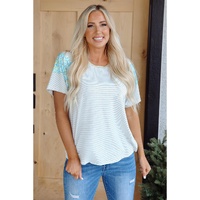 White Stripe Floral Insert Sleeves Contrast Round Neck Tee - L thumbnail