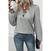 Azura Exchange Light Grey Buttoned V Neck Ribbed Puff Sleeve Top - S thumbnail