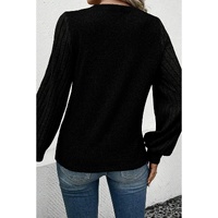 Azura Exchange Black Buttoned V Neck Ribbed Puff Sleeve Top - S thumbnail