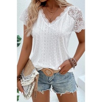 White Sheer Lace Short Sleeves Eyelet Embroidered Tee - S thumbnail