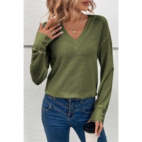 Jungle Green Textured Knit V Neck Button Cuffs Long Sleeve Top - S thumbnail