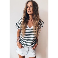 Sea Green Striped V Neck Ruffle Sleeve Top - L thumbnail