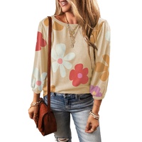 Apricot Cute Flower Print Bracelet Sleeve Top - M thumbnail