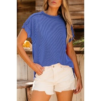 Dark Blue Textured Knit Exposed Stitching T-shirt - M thumbnail