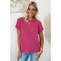 Rose Red Textured Knit Exposed Stitching T-shirt - S thumbnail