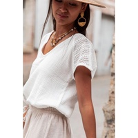 White Lace Crochet Textured Button Back V Neck T Shirt - XL thumbnail