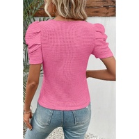 Bright Pink Waffle Knit Ruched Puff Sleeve Top - L thumbnail