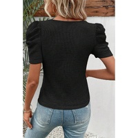 Black Waffle Knit Ruched Puff Sleeve Top - XL thumbnail