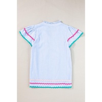 Sky Blue Stripe Ricrac Trim Split Neck Striped Ruffled Sleeve Blouse - L thumbnail